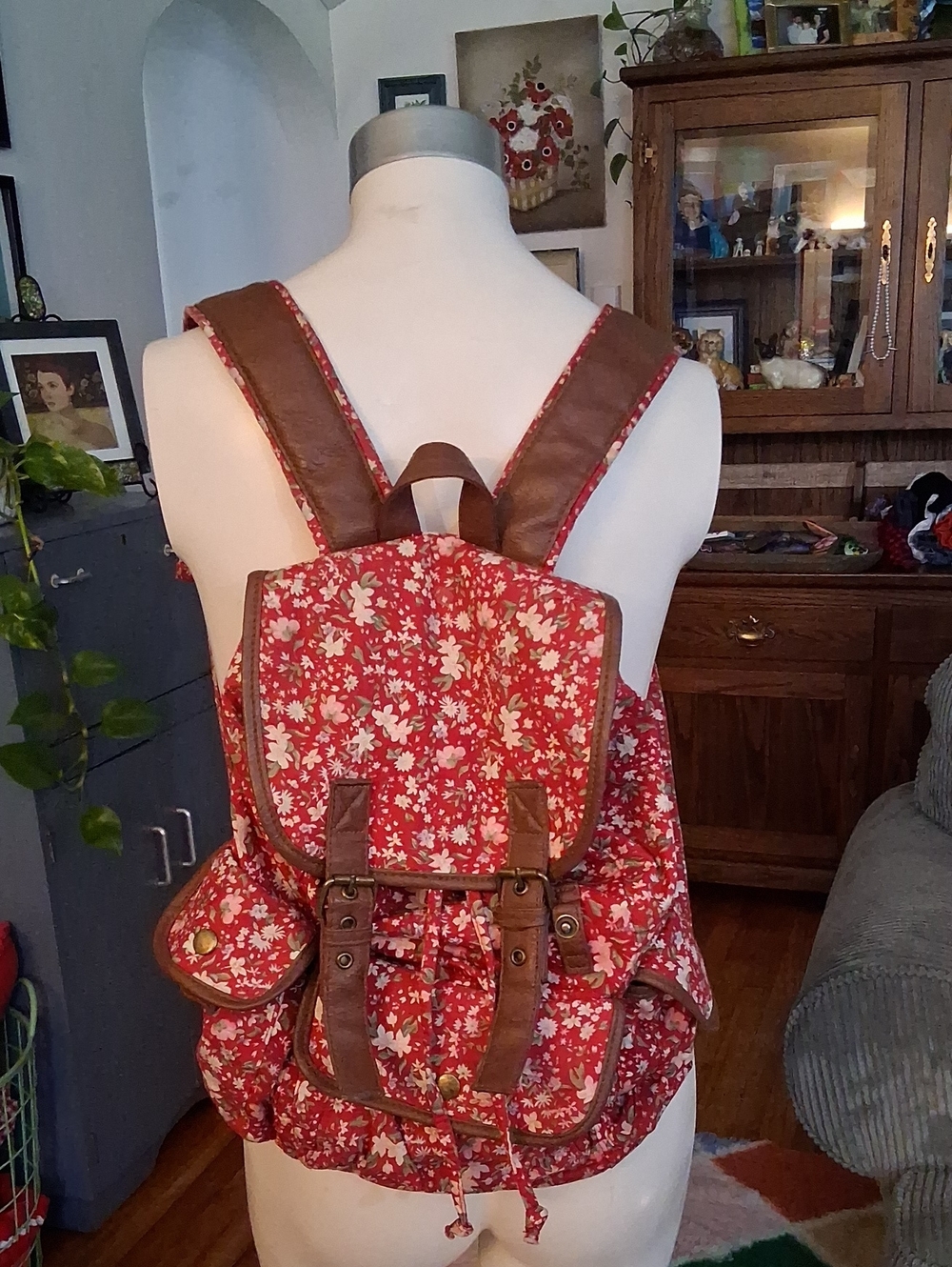 Olsenboye Red Floral Canvas Backpack with Brown Trim